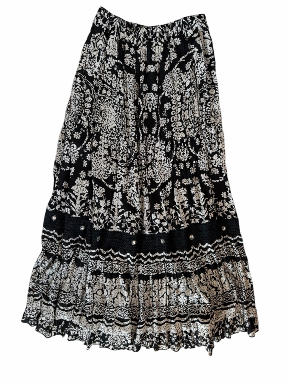 Black white print maxi boho skirt